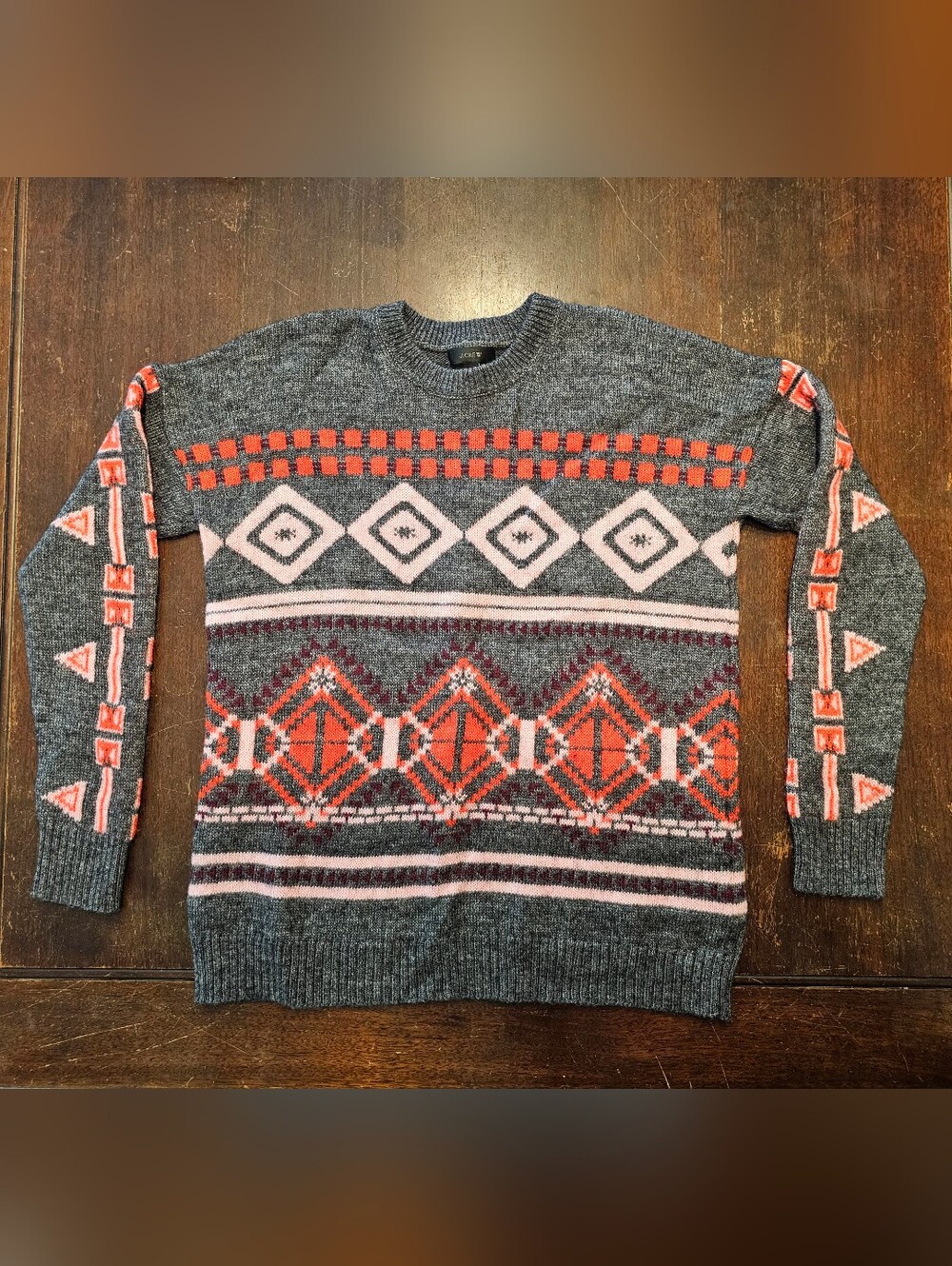 J. Crew Women’s Grey Sweater with Orange, Pink, Maroon Accents - Size Small